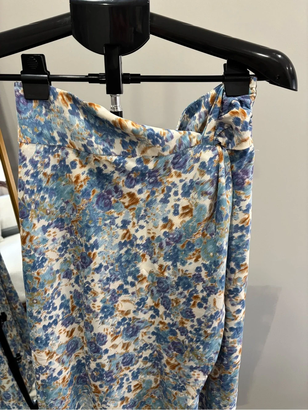 Lush Blue and Tan Watercolor Floral High-low Midi Skirt